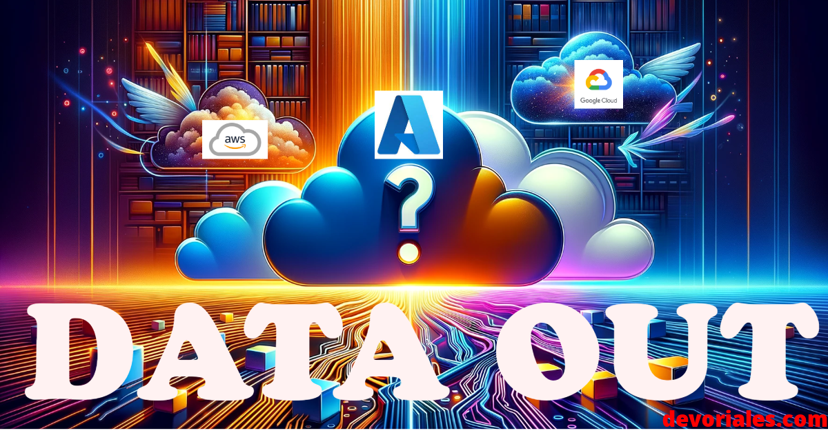 Digital illustration showcasing AWS and GCP clouds interconnected by vibrant streams of data symbolizing active migration, with a separate Azure cloud in the background marked by a large question mark, reflecting its contemplation on joining the free data migration initiative.
